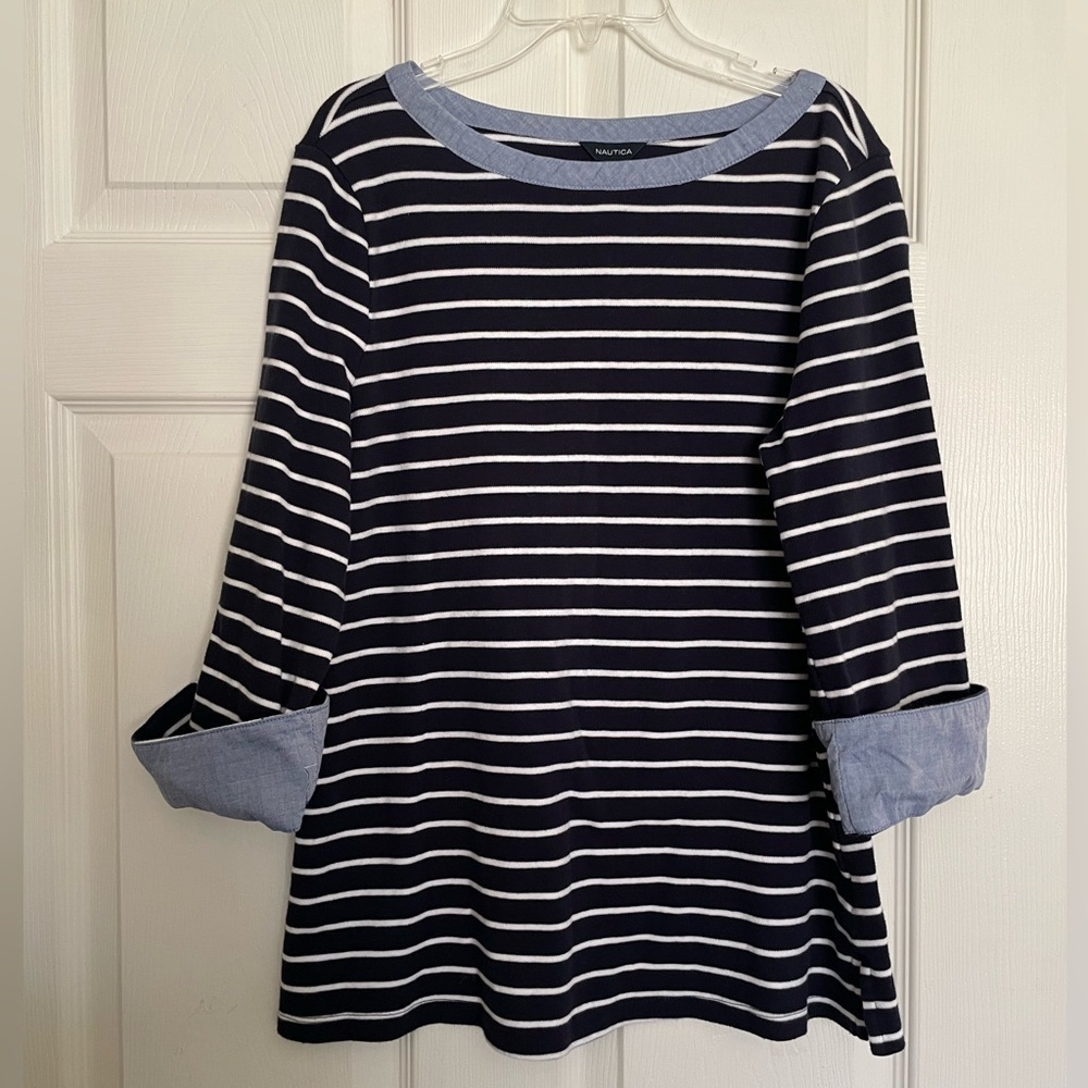 Nautica Navy Blue and White Striped Shirt with Denim Accents size L